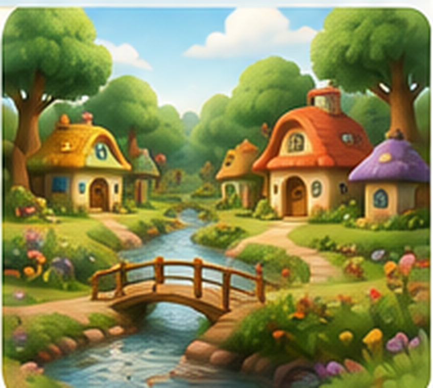 The woodland village of Yuyu Kingdom with cottages and a stream